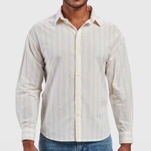 bamboo beige strip button up shirt size L